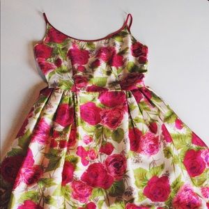 1950s Vintage Hot Pink Rose Print Silk Dress XS/S